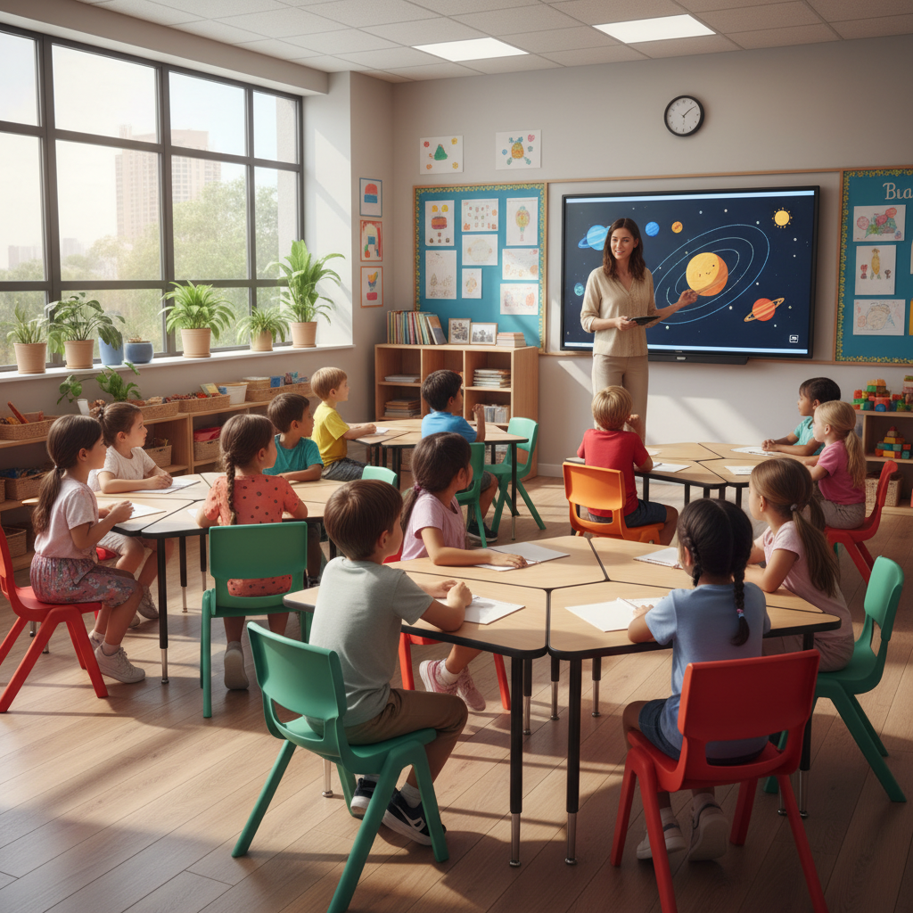 a modern classroom with primary school children attentively listening to the teacher, natural light, diverse students
