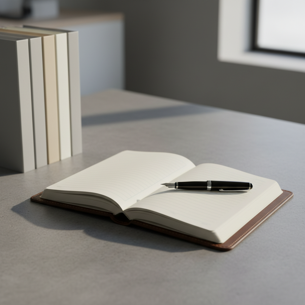 A close-up of an open, lined leather-bound journal with crisp, cream pages. A sleek black fountain pen lies diagonally across the journal, its chrome accents catching subtle light. The journal rests on a modern, matte concrete table in a minimalist workspace, flanked by an organized row of neutral-toned file folders. Soft, indirect morning light from a nearby window highlights the gentle textures and edges of the journal and pen, casting delicate shadows that add depth. The camera angle is eye-level with a shallow depth of field, blurring the background to put complete focus on the journal. The mood is calm, organized, and subtly hopeful, mirroring the site’s reflective and professional voice. The overall impression is clean-lined photographic realism with a structured, understated elegance.